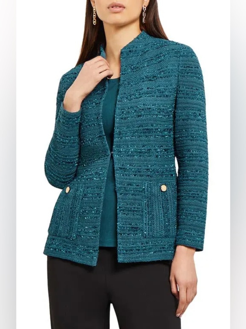 Misook Tweed Funnel Neck Knit Jacket Marine‎ Teal Size Medium